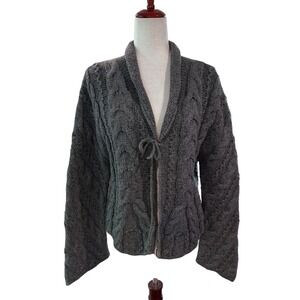 Mira Flores Cardigan Sweater 100% Wool Chunky Tie Boho Gray Flare Sleeve Sz M
